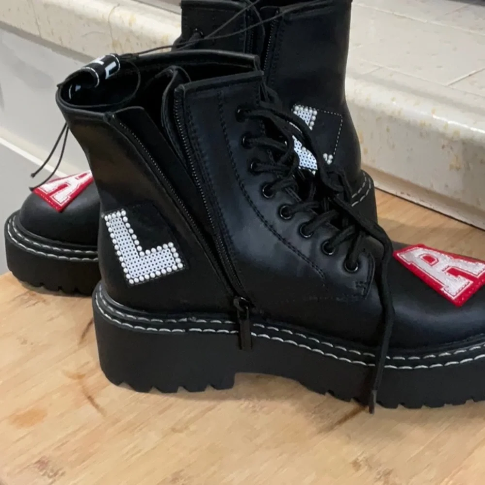 Karl Lagerfeld Black Combat Boots with Red Accents - Picture 6 of 11